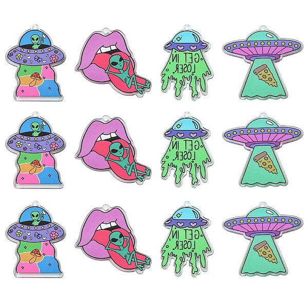 16Pcs 4 Styles Alien Theme Colorful Acrylic Pendants
