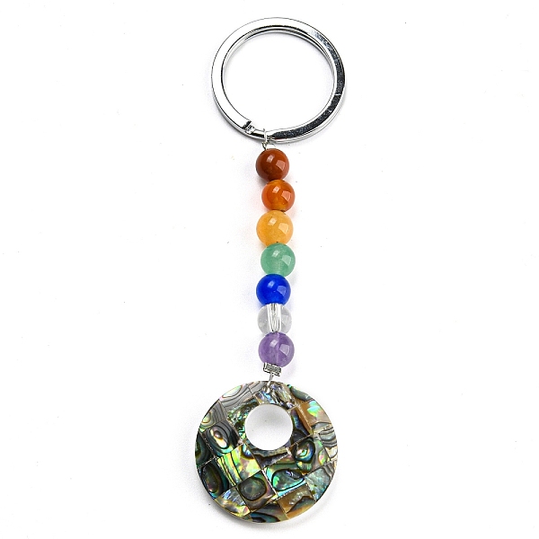 

PandaHall Abalone Shell/Paua Shell Keychain, with Alloy Key Rings and Chakra Gemstone Beads, Round, 10.8cm, pendant: 73x25x65mm Shell Round