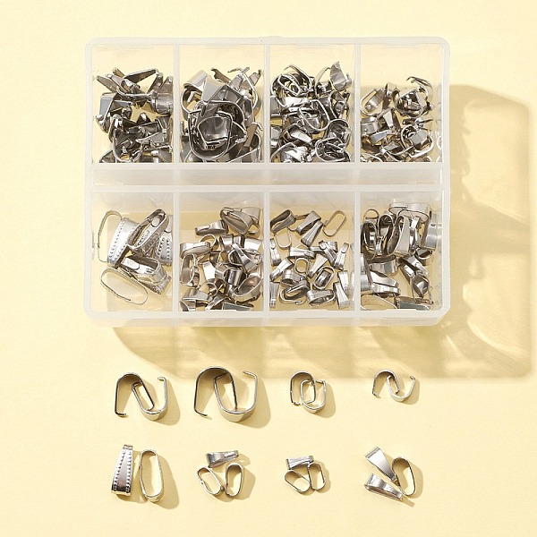

PandaHall 220Pcs 8 Style 304 Stainless Steel Snap on Bails, Stainless Steel Color, 5.5~11x3~8.5x2~5mm 304 Stainless Steel