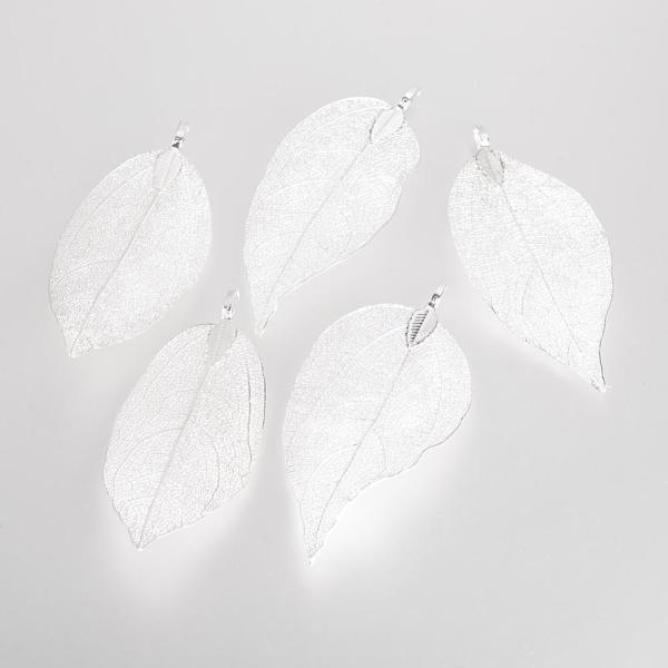 

PandaHall Electroplated Natural Leaf Big Pendants, with Iron Findings, Silver Plated, 70~100x30~50x1mm, Hole: 3x6mm Iron Leaf