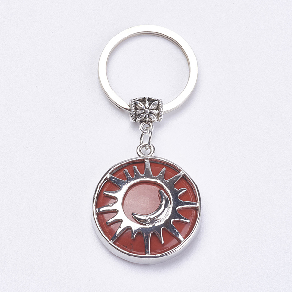 

PandaHall Natural Red Jasper Keychain, with Brass Finding, Flat Round with Sun & Moon, 64mm Red Jasper Flat Round Multicolor