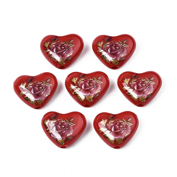 PandaHall Flower Printed Opaque Acrylic Heart Beads, FireBrick, 16x19x8mm, Hole: 2mm Acrylic Heart Red