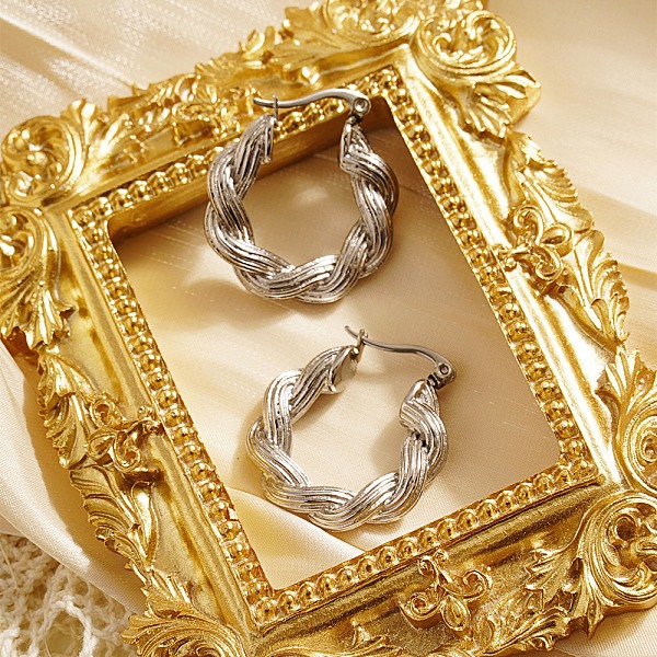 

PandaHall 304 Stainless Steel Twisted Rope Hoop Earrings for Women, Stainless Steel Color, 26mm Stainless Steel
