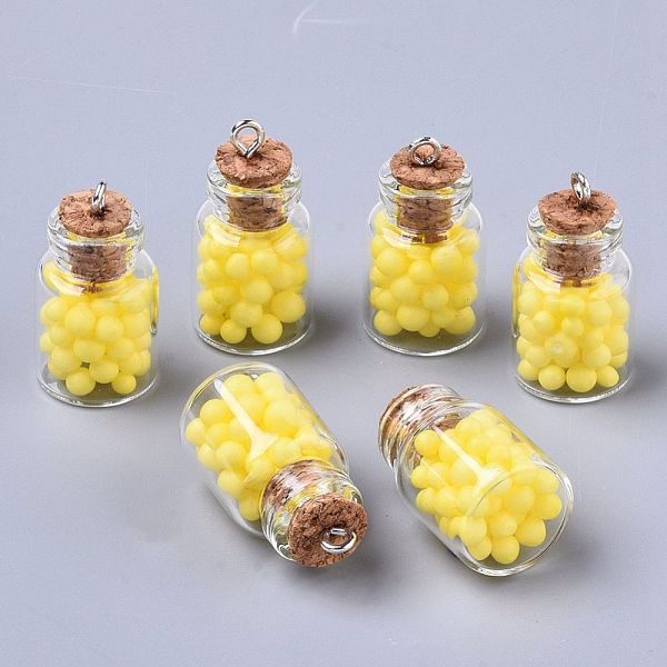 

PandaHall Glass Wishing Bottle Pendant Decorations, with Polystyrene Foam Inside, Cork Stopper and Iron Screw Eye Pin Peg Bails, Yellow...