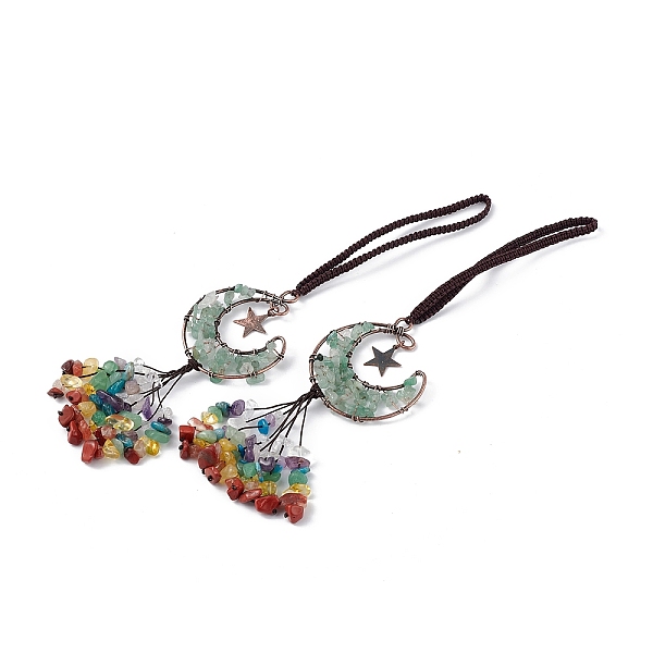 

PandaHall Natural Green Aventurine Moon with Mixed Gemstone Chips Tassel Pendant Decorations, with Rack Plating Red Copper Plated Brass...
