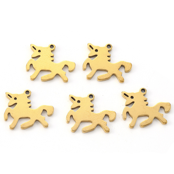 

PandaHall Vacuum Plating 304 Stainless Steel Charms, Laser Cut, Horse, Golden, 13x15x1mm, Hole: 1.2mm 304 Stainless Steel Horse