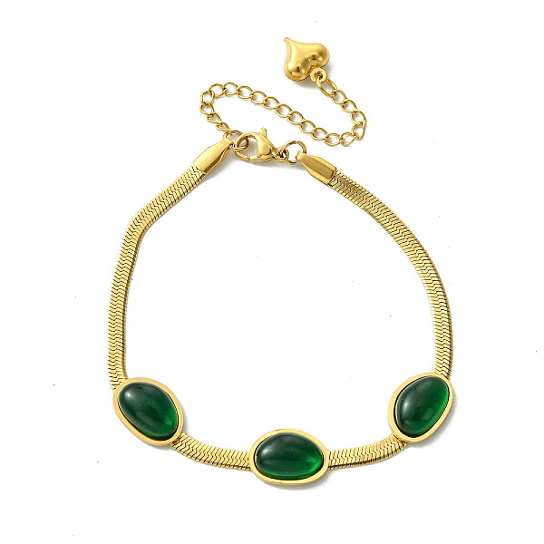 

PandaHall Ion Plating(IP) 304 Stainless Steel Herringbone Chain Bracelets, Green Oval Resin Link Bracelets for Women, Real 18K Gold Plated...