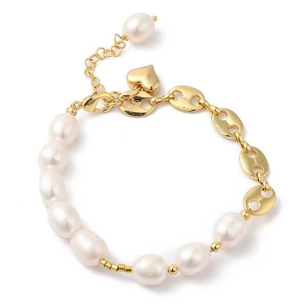 

PandaHall Rack Plating Brass Heart Charm Bracelet with Natural Pearl Beaded Chains, Cadmium Free & Lead Free, Real 18K Gold Plated, 7-3/8...