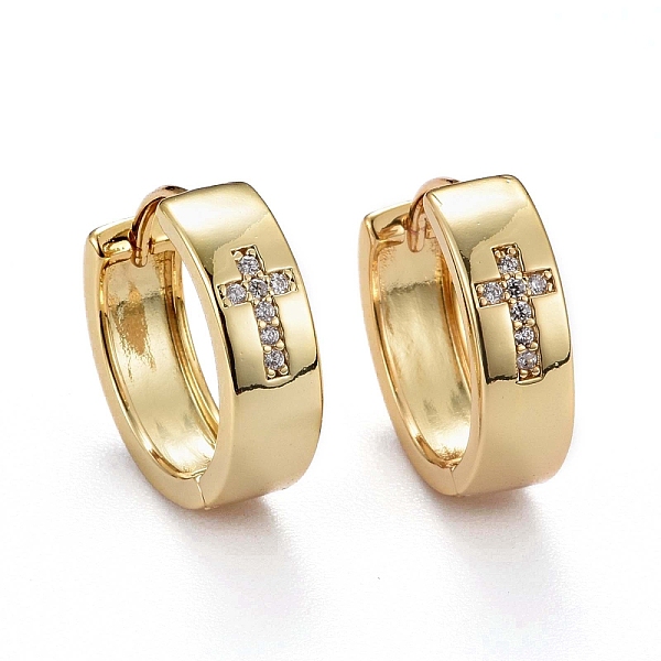 

PandaHall Brass Micro Pave Clear Cubic Zirconia Huggie Hoop Earrings, Long-Lasting Plated, Ring with Cross, Real 18K Gold Plated, 15x16x5mm...