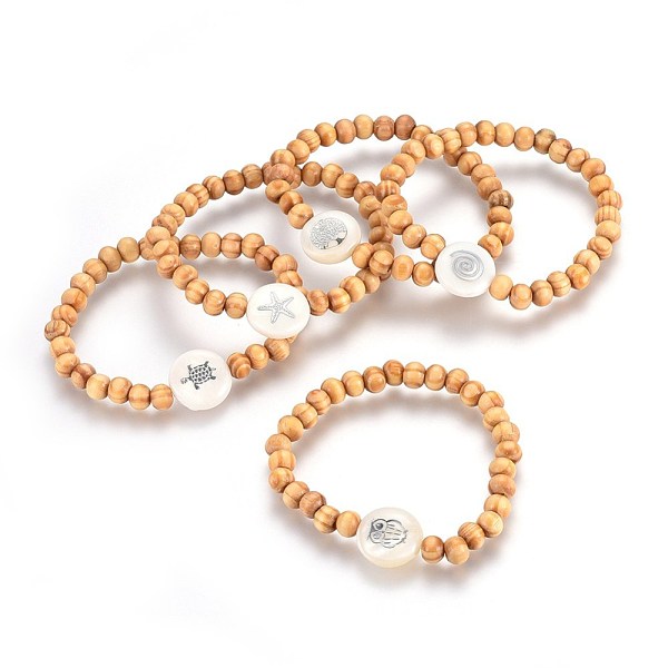 

PandaHall Wood Beads Kids Stretch Bracelets, with Freshwater Shell Beads, 1-3/4 inch(4.5cm) Wood