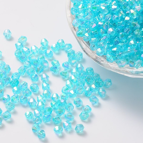 

PandaHall Bicone AB Color Plated Eco-Friendly Transparent Acrylic Beads, Cyan, 4x4mm, Hole: 1mm, about 1660pcs/50g Acrylic Bicone Cyan