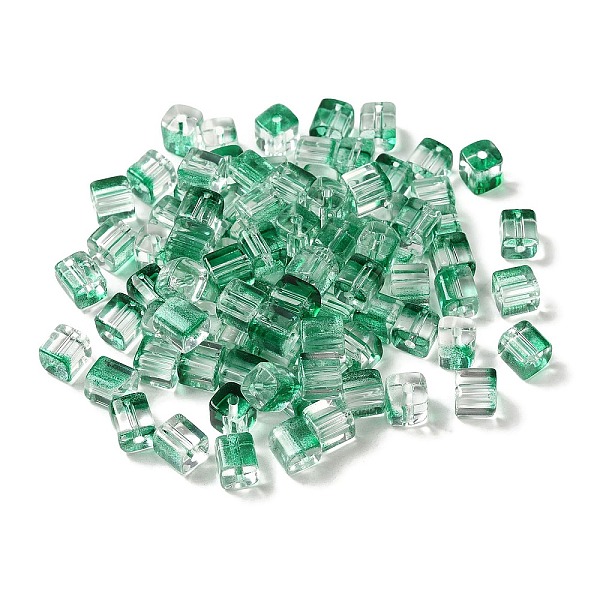 

PandaHall Two Tone Transparent Glass Beads, Cube, Medium Sea Green, 6x6x7mm, Hole: 1.4mm, about 500pcs/bag Glass Cube