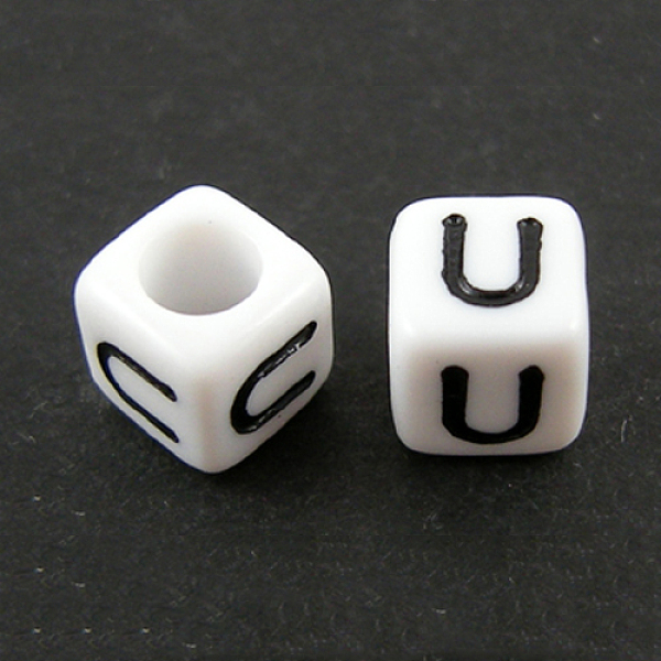 

PandaHall Letter Acrylic European Beads, Horizontal Hole, Cube, Letter.U, 10x10x10mm, Hole: 3.5~4mm, about 59pcs/50g Acrylic Cube White