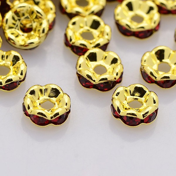 

PandaHall Brass Rhinestone Spacer Beads, Grade A, Wavy Edge, Golden Metal Color, Rondelle, Siam, 6x3mm, Hole: 1mm Brass+Rhinestone Rondelle..., Red