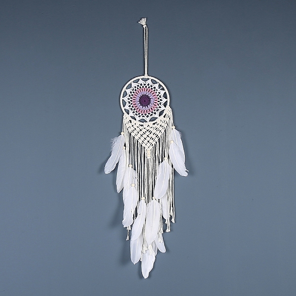 

PandaHall Iron Bohemian Woven Web/Net with Feather Macrame Wall Hanging Decorations, for Home Bedroom Decorations, Indigo, 590mm Feather..., Purple