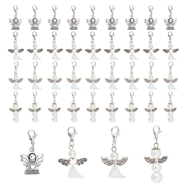 PandaHall CHGCRAFT 40Pcs 4 Style Alloy Pendants, with Brass Lobster Claw Clasps and Glass Pearl and Acrylic Beads, Angel, White, 35~47mm...
