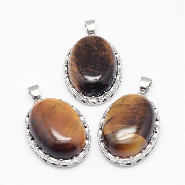 

PandaHall Natural Tiger Eye Pendants, with Brass Findings, Oval, Platinum, 30x21x10~11mm, Hole: 6x4mm Tiger Eye Oval