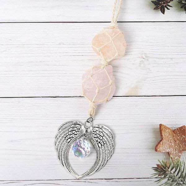 

PandaHall Natural Rose Quartz & Natural Orange Quartz Nugget Cotton Rope Macrame Pendant Decorations, with Alloy Wing, Glass Sun Catchers...