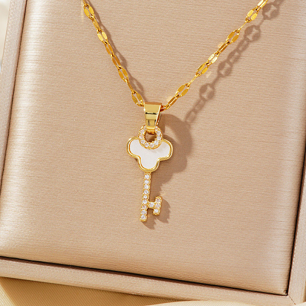 Elegant Fashion Brass Sparkling Clear Cubic Zirconia Key Pendant Necklaces for Women