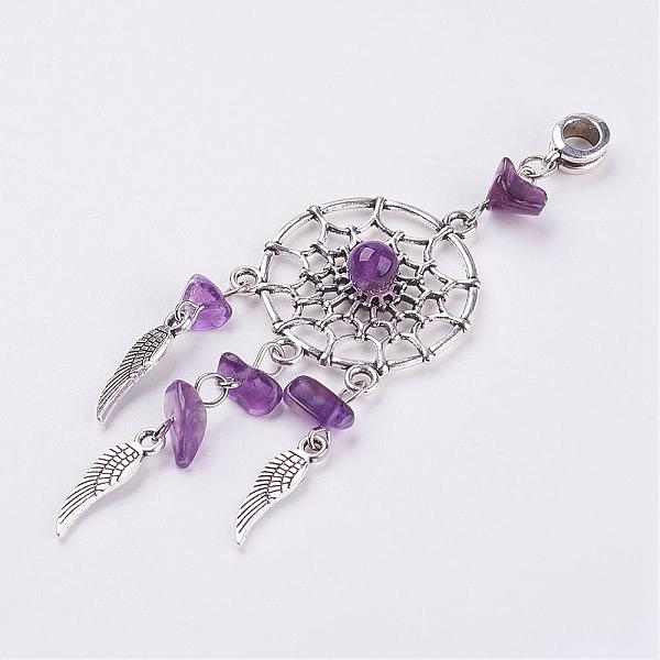 

PandaHall Tibetan Style Alloy European Dangle Charms, with Natural Chip Amethyst, Woven Net/Web with Feather, 92.5mm, Hole: 5mm Amethyst..., Purple