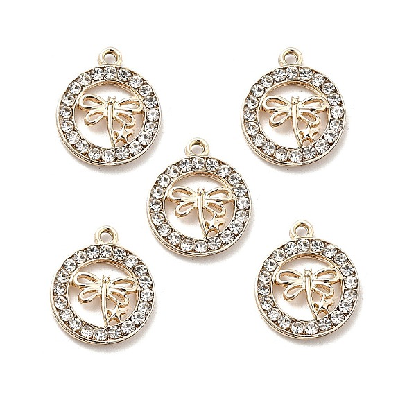 

PandaHall Alloy Crystal Rhinestone Pendants, Flat Round with Hollow Out Dragonfly Charms, Light Gold, 21x17.5x3mm, Hole: 2mm Alloy..., Clear