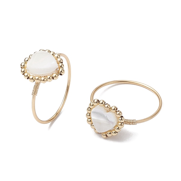 

PandaHall Natural Shell Heart Rings, Brass Wire Wrap Finger Ring, Golden, Inner Diameter: 19.2~19.5mm Brass+Shell Heart