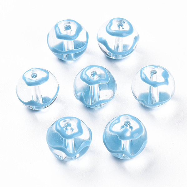 

PandaHall Transparent Glass Enamel Beads, Round with Wave, Light Sky Blue, 12.5~14x12x11.5mm, Hole: 1.6mm Glass Round