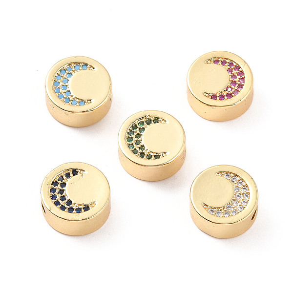 

PandaHall Rack Plating Brass Micro Pave Cubic Zirconia Beads, Cadmium Free & Lead Free, Real 18K Gold Plated, Flat Round with Moon Pattern..., Multicolor