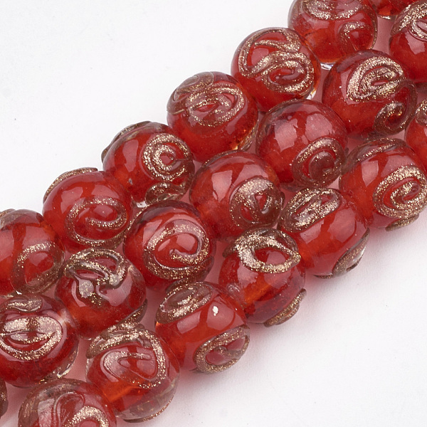 

PandaHall Handmade Gold Sand Lampwork Beads, Round, Red, 10~11x9~9.5mm, Hole: 1.5~2mm Lampwork Round Red