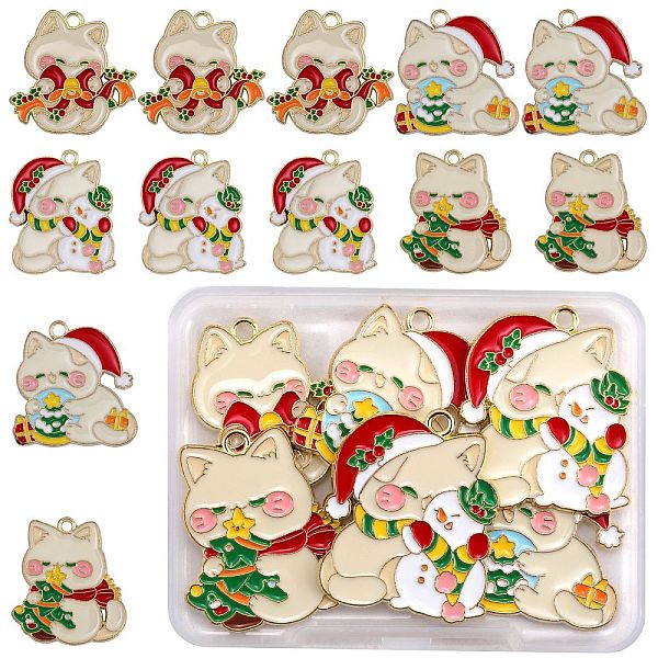

PandaHall 12Pcs 4 Style Christmas Theme Alloy Enamel Pendants, Light Gold, Cat with Christmas Tree/Bell/Snowman Charm, Mixed Color..., Multicolor