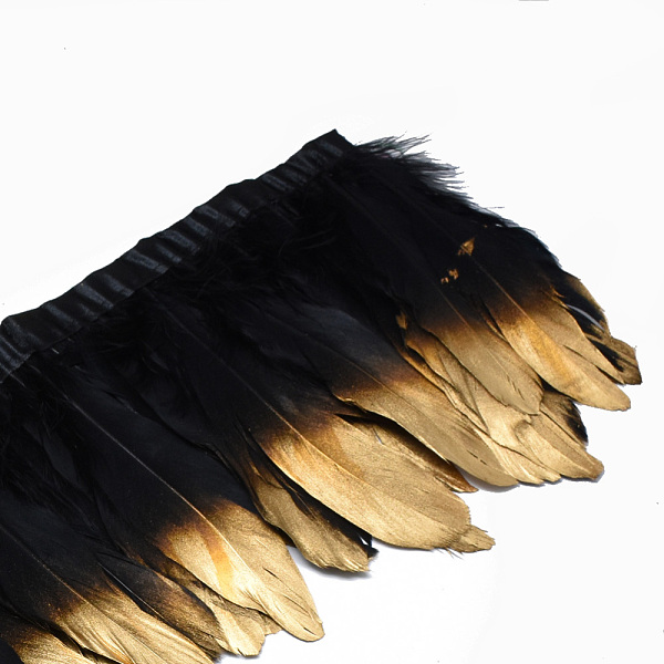 PandaHall Golden Plated Goose Feather Cloth Strand Costume Accessories, Dyed, Black, 150~180x4mm, about 2m/bag Feather Feather Black