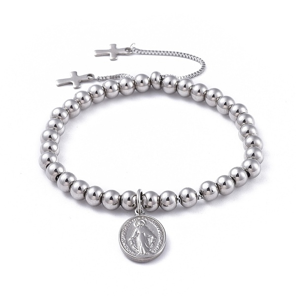 

PandaHall Adjustable 304 Stainless Steel Slider Bracelets, Bolo Bracelets, Cross & Oval with Virgin Mary, Stainless Steel Color, 9-1/2 inch...
