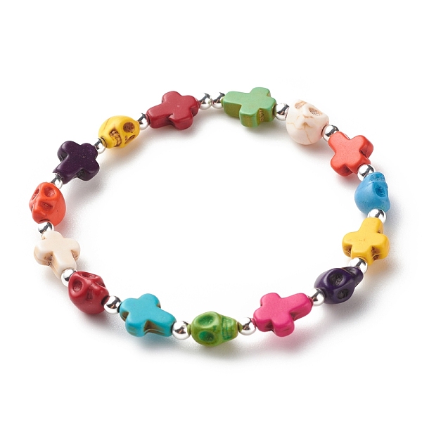

PandaHall Synthetic Turquoise(Dyed) Cross & Skull Beaded Stretch Bracelet, Halloween Gemstone Jewelry for Women, Colorful, Inner Diameter...