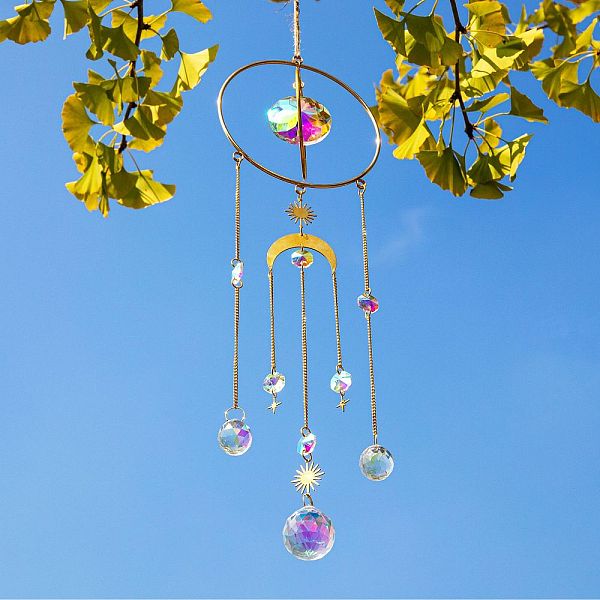 

PandaHall Glass Round Pendant Decorations, Hanging Suncatchers, with Brass Ring, for Home Garden Decorations, Moon & Sun, Colorful, 450mm...