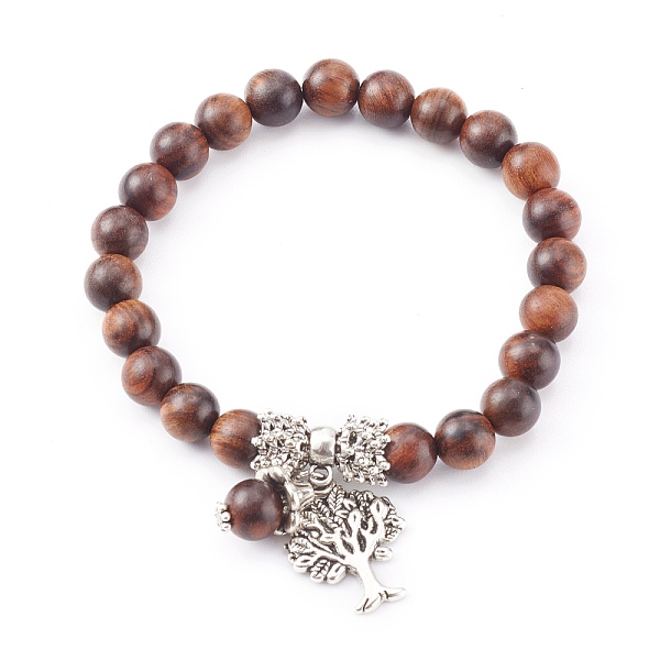 

PandaHall Tibetan Style Alloy Charm Bracelets, with Round Natural Wood Beads, Tree of Life, Antique Silver, Coconut Brown, Inner Diameter...