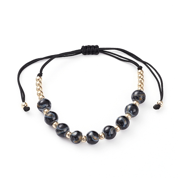 

PandaHall Adjustable Nylon Cord Braided Bead Bracelets, with Gold Sand Lampwork Beads and Brass Beads, Round, Golden, Prussian Blue, Inner...