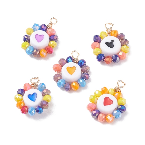 

PandaHall Electroplate Glass Beads Pendants, with Copper Wire and Acrylic Beads, Flat Round with Heart, Mixed Color, 15x13x3.5mm, Hole..., Multicolor
