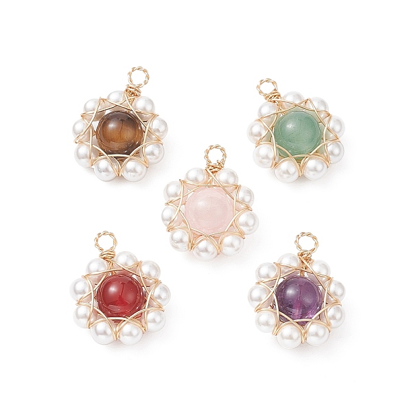 

PandaHall 5Pcs 5 Styles Natural Mixed Gemstone Copper Wire Wrapped Pendants, Flower Charms with Shell Pearl Beads, Golden, 21x17x8mm, Hole..., Multicolor