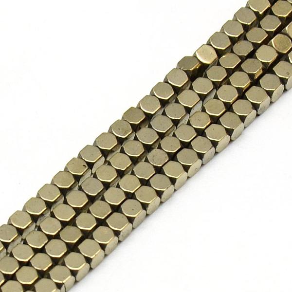

PandaHall Electroplate Non-magnetic Synthetic Hematite Beads Strands, Faceted, Cube, Light Gold Plated, 2x2x2mm, Hole: 1mm, about...