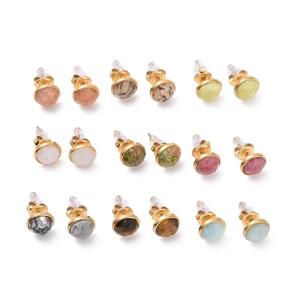 

PandaHall Natural Gemstone Flat Round Stud Earrings, Real 24K Gold Plated 304 Stainless Steel Jewelry for Women, 16x9mm, Pin: 0.8mm Mixed...