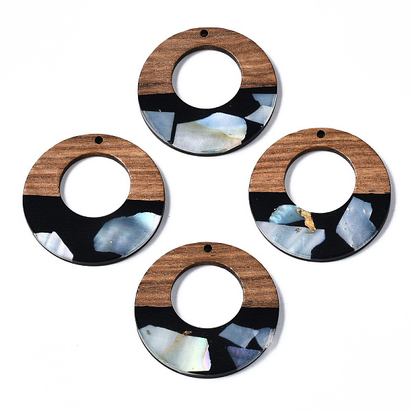 

PandaHall Opaque Resin & Walnut Wood Pendants, with Shell Chips, Two Tone, Donut, Black, 38x3mm, Hole: 2mm Resin+Wood Donut Black