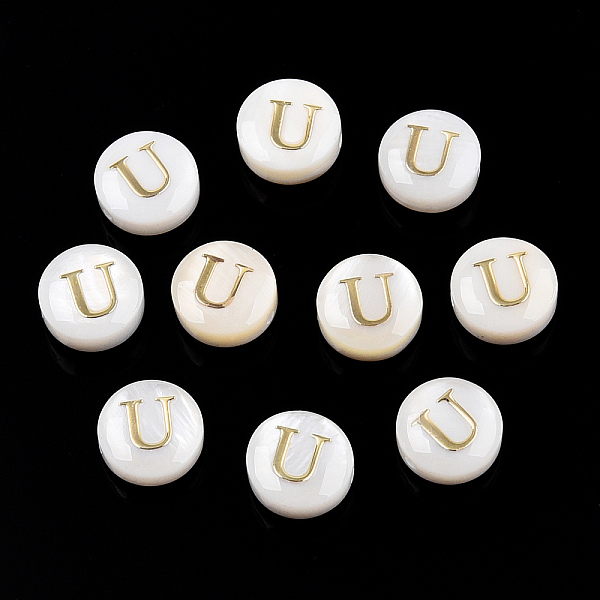 

PandaHall Natural Freshwater Shell Beads, with Golden Plated Brass Etched Metal Embellishments, Flat Round with Letter, Letter U...