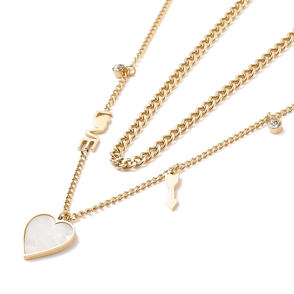 

PandaHall Double Chains Multi Layered Necklaces with Resin Shell Heart and Crystal Rhinestone Charms, Ion Plating(IP) 304 Stainless Steel..., Clear