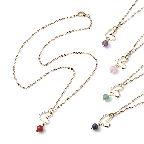 Natural Mixed Gemstone & Heart Pendant Necklaces With Golden Brass Cable Chains