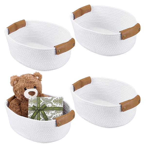 2Pcs Cotton Woven Storage Basket with PU Leather Handles