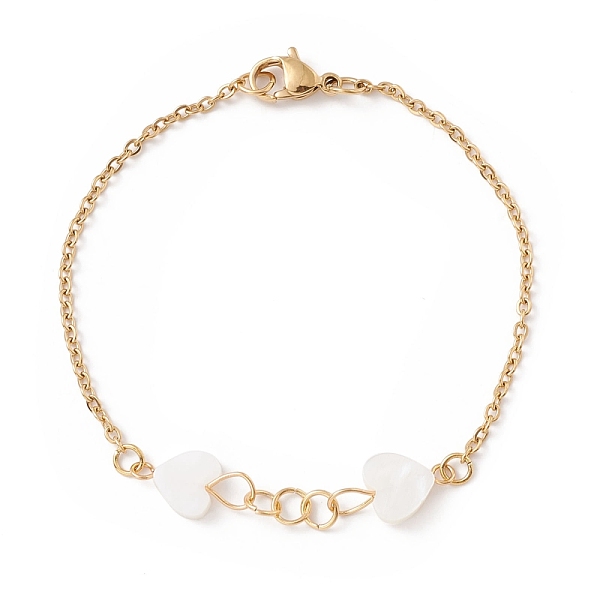 

PandaHall Synthetic Shell Heart Link Bracelet, Ion Plating(IP) 304 Stainless Steel Jewelry for Women, Golden, 7-3/8 inch(18.8cm) Shell White