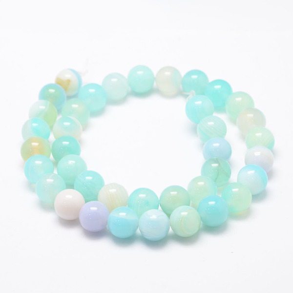 

PandaHall Natural Striped Agate/Banded Agate Bead Strands, Round, Grade A, Dyed & Heated, Aquamarine, 10mm, Hole: 1mm, about 37~38pcs/strand..., Green