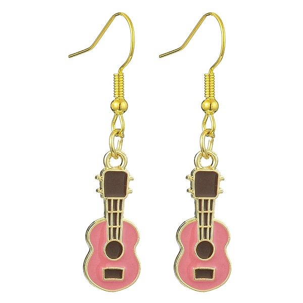 

PandaHall Golden Alloy Enamel Dangle Earrings, Guitar, Light Coral, 43x9.5mm Alloy Guitar