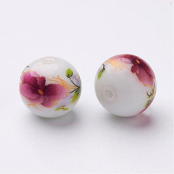 

PandaHall Flower Picture Glass Beads, Round, Pale Violet Red, 12x11mm, Hole: 1.5mm Glass Round Pink