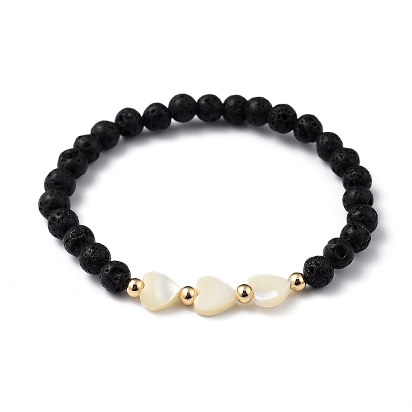 

PandaHall Stretch Beaded Bracelets, with Heart Natural Trochid Shell Beads, Round Natural Lava Rock Beads and Golden Plated Brass Beads...